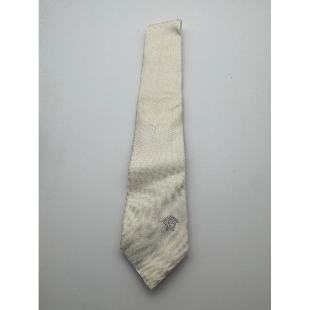 Versace Mens 100% Silk Tie Ivory Cream Medusa Logo Made Italy Luxury NEW